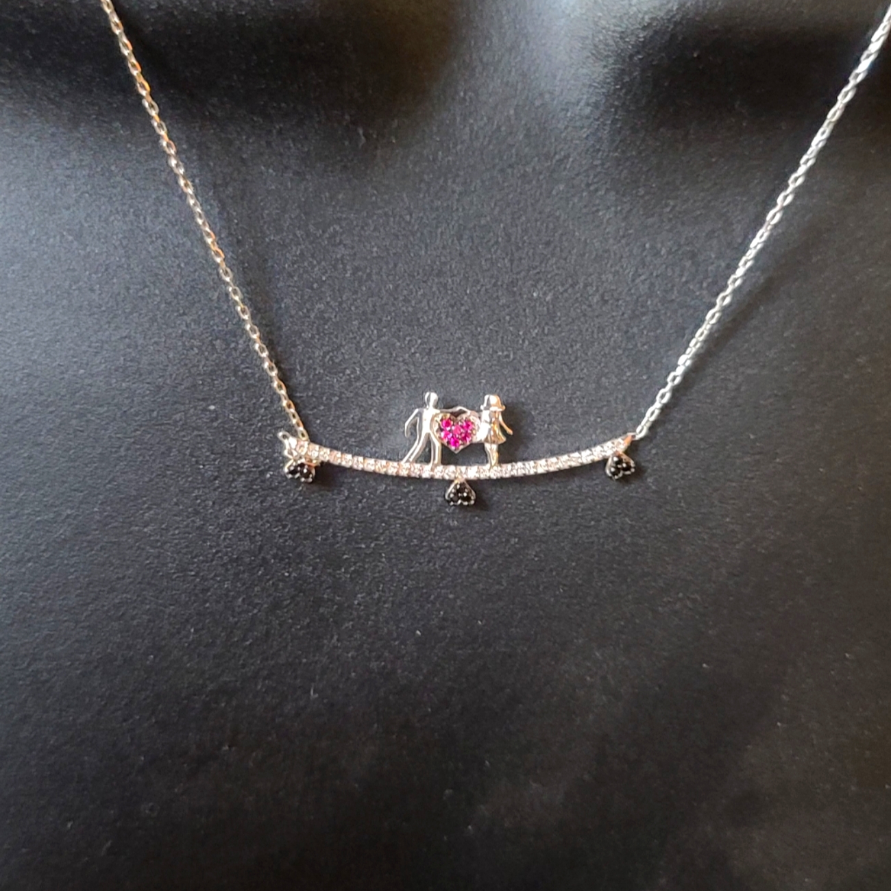 Sterling Lovers Holding Of Rubies &3 Onyx Necklace 16